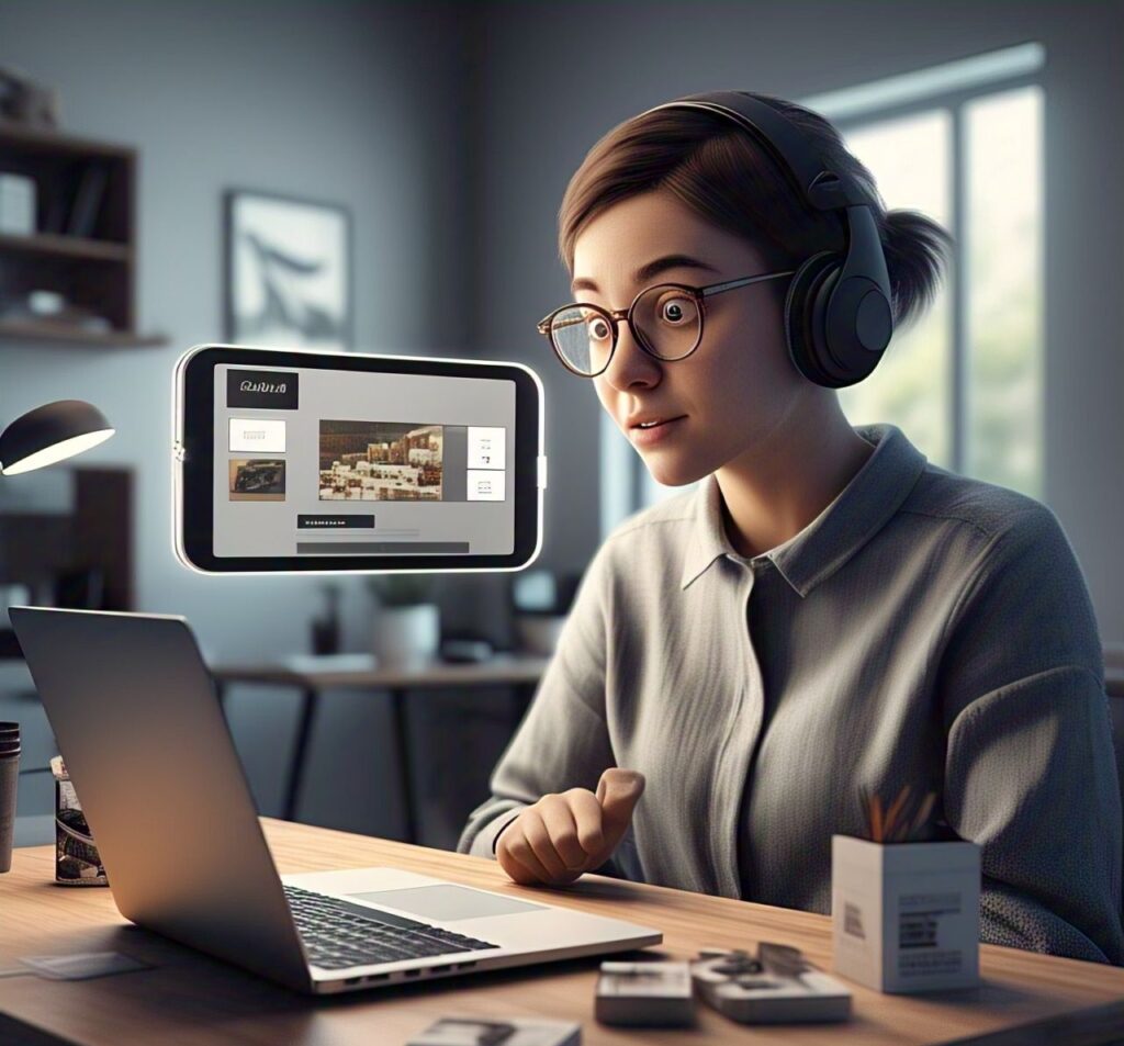 Photorealistic image of a customer receiving AI-driven product recommendations on an e-commerce website.