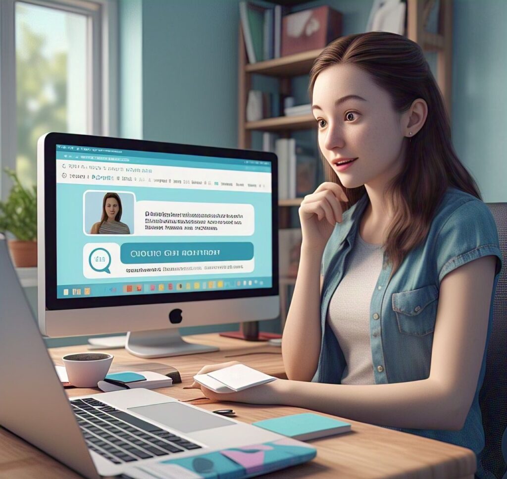 Photorealistic image of a customer receiving personalized product recommendations on an e-commerce website, with AI-powered technology in the background.