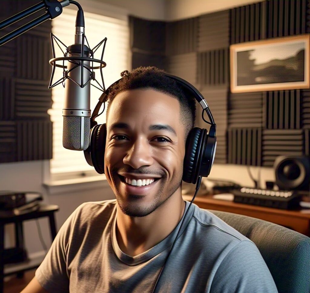 a happy podcaster recording in a home studio