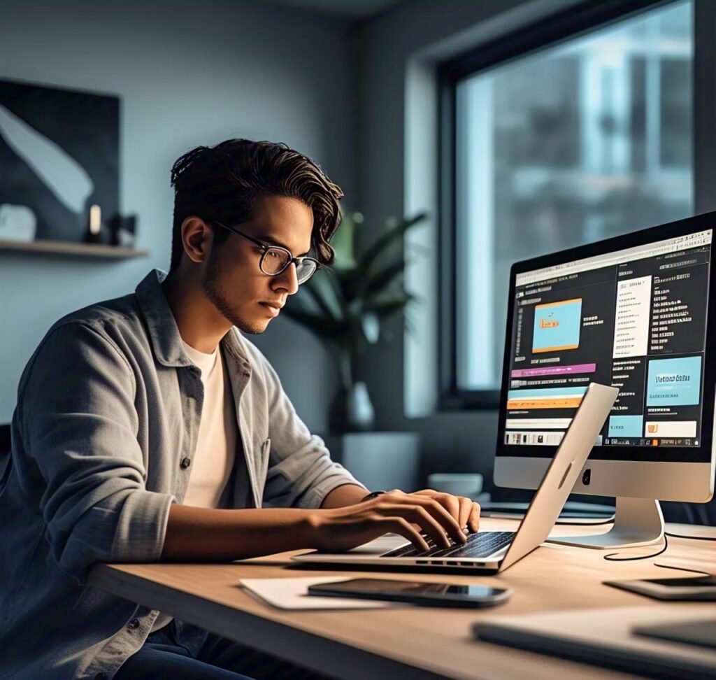 A screenshot of a person working on a laptop